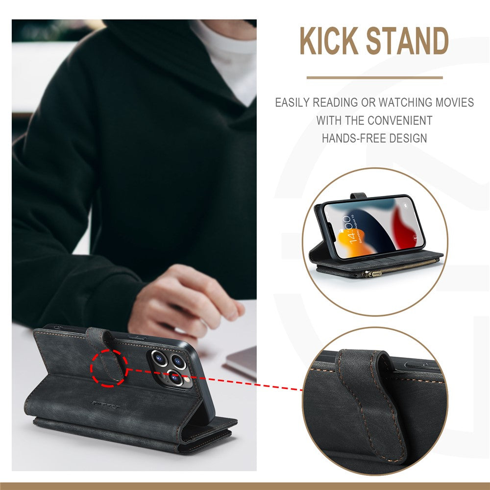 For iPhone 13 Pro Max Phone Cases with Strap CASEME C30 Zipper Multiple Card Holder PU Leather Cover