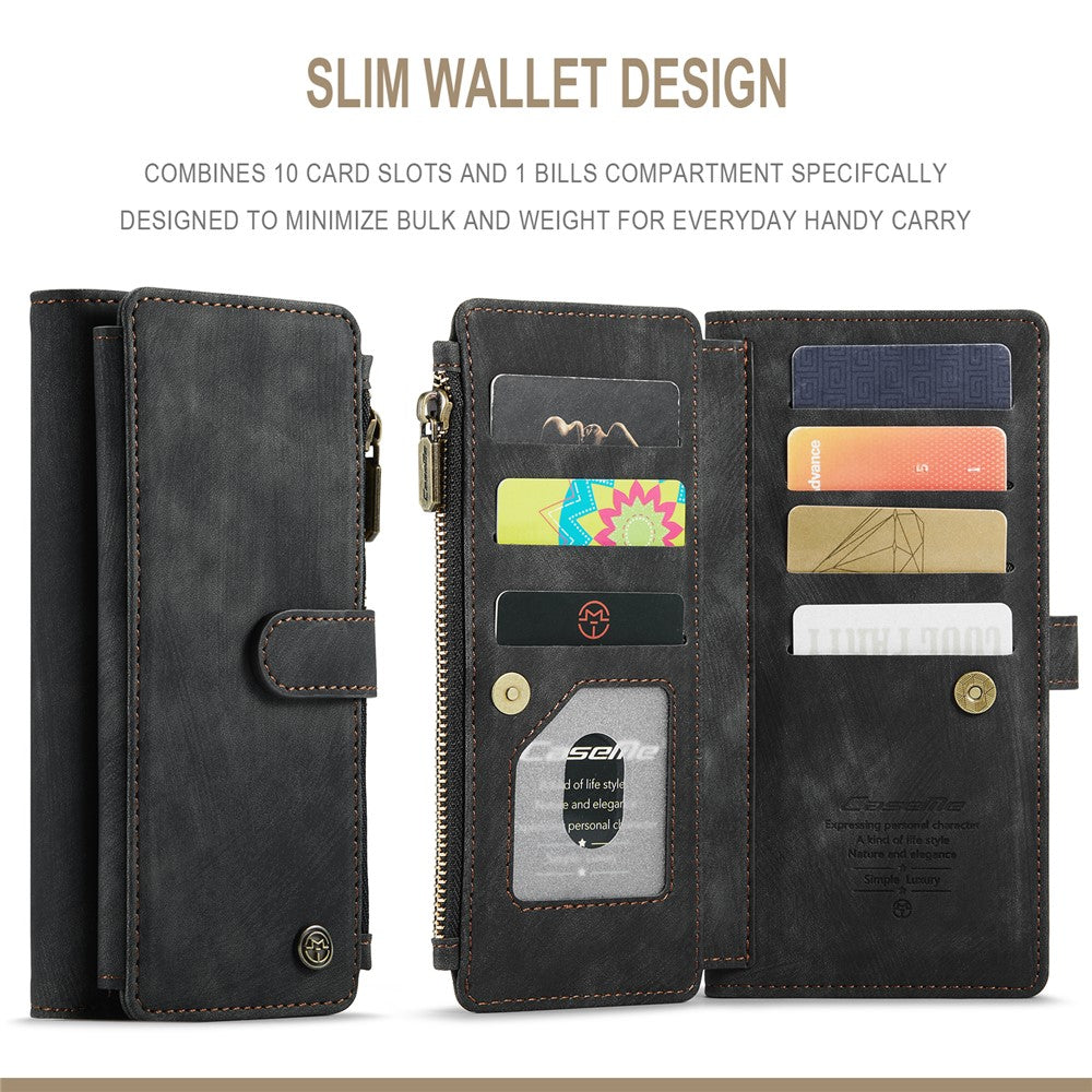 For iPhone 13 Pro Max Phone Cases with Strap CASEME C30 Zipper Multiple Card Holder PU Leather Cover
