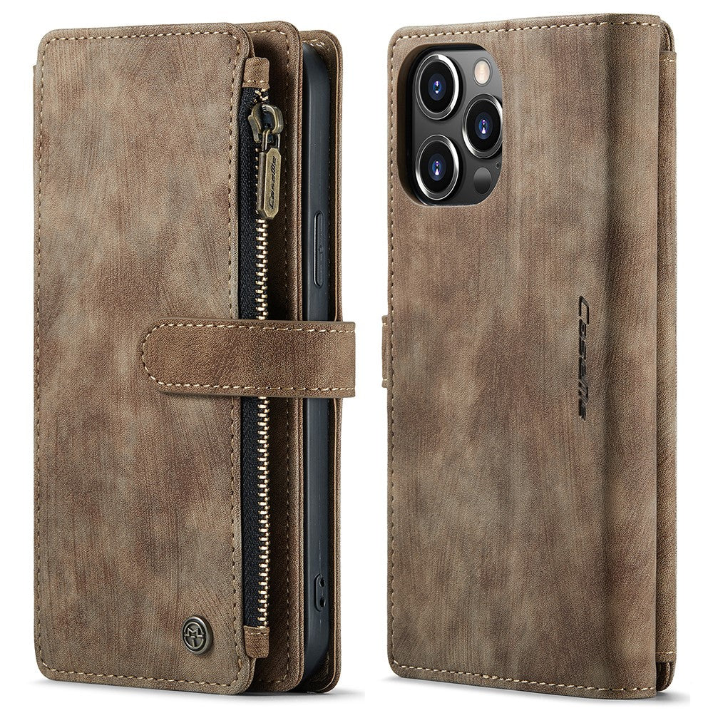 For iPhone 13 Pro Max Phone Cases with Strap CASEME C30 Zipper Multiple Card Holder PU Leather Cover