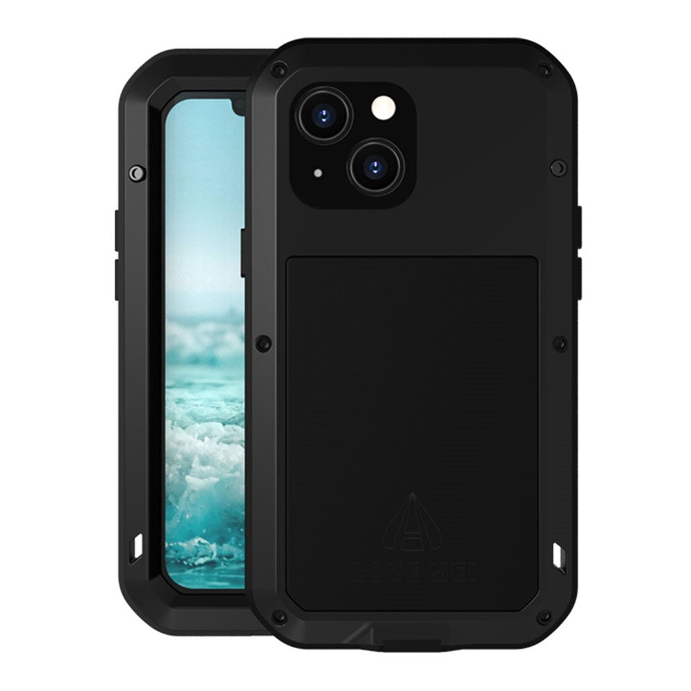 LOVE MEI Stötsäkert, droppsäkert, dammtät hybridskal i metall + silikon med härdat glas för iPhone 13 mini 5,4 tum
