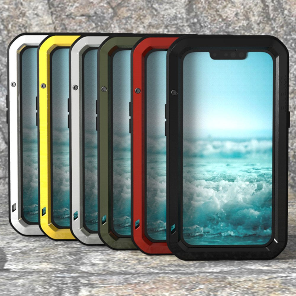 LOVE MEI Stötsäkert, droppsäkert, dammtät hybridskal i metall + silikon med härdat glas för iPhone 13 mini 5,4 tum