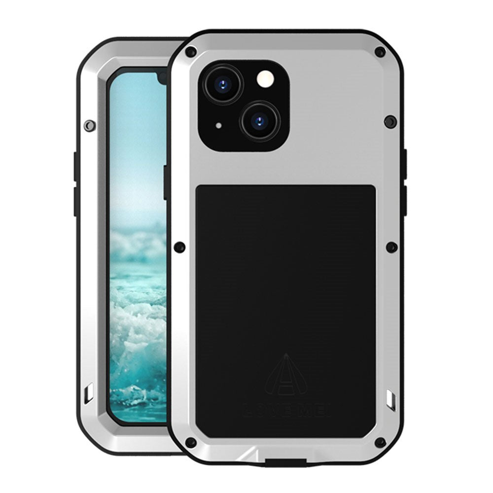 LOVE MEI Stötsäkert, droppsäkert, dammtät hybridskal i metall + silikon med härdat glas för iPhone 13 mini 5,4 tum