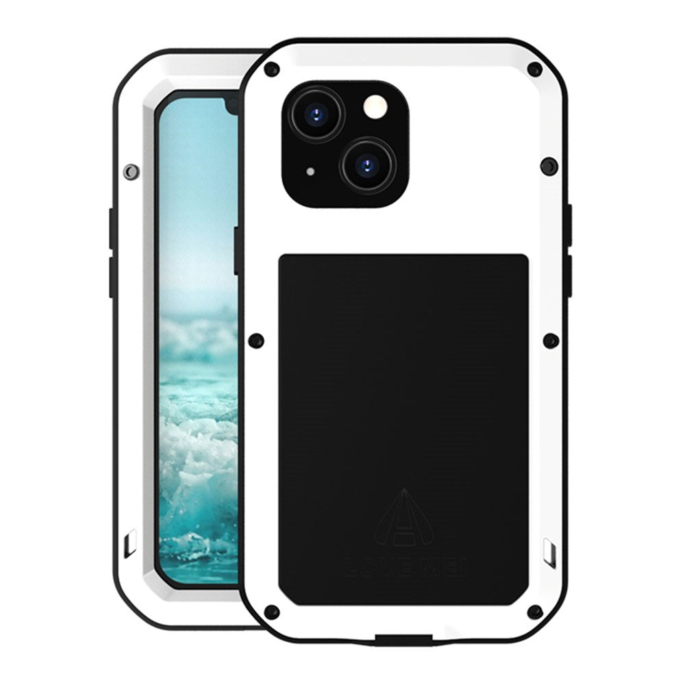 LOVE MEI Stötsäkert, droppsäkert, dammtät hybridskal i metall + silikon med härdat glas för iPhone 13 mini 5,4 tum