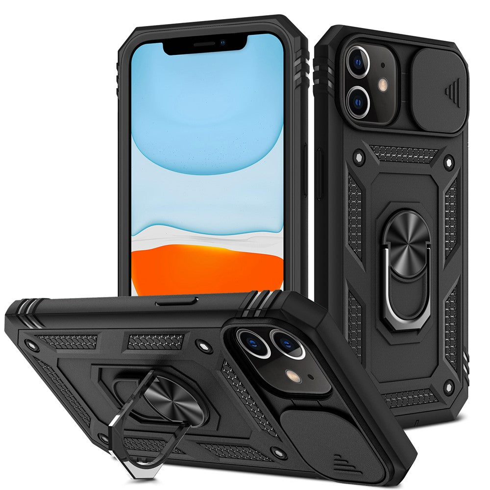 Ring Kickstand Hårdt PC-bagcover + Bløde TPU Stødabsorberende Kofangere Beskyttelsescover med Skydbart Kameralåg til iPhone 12 6.1 tommer