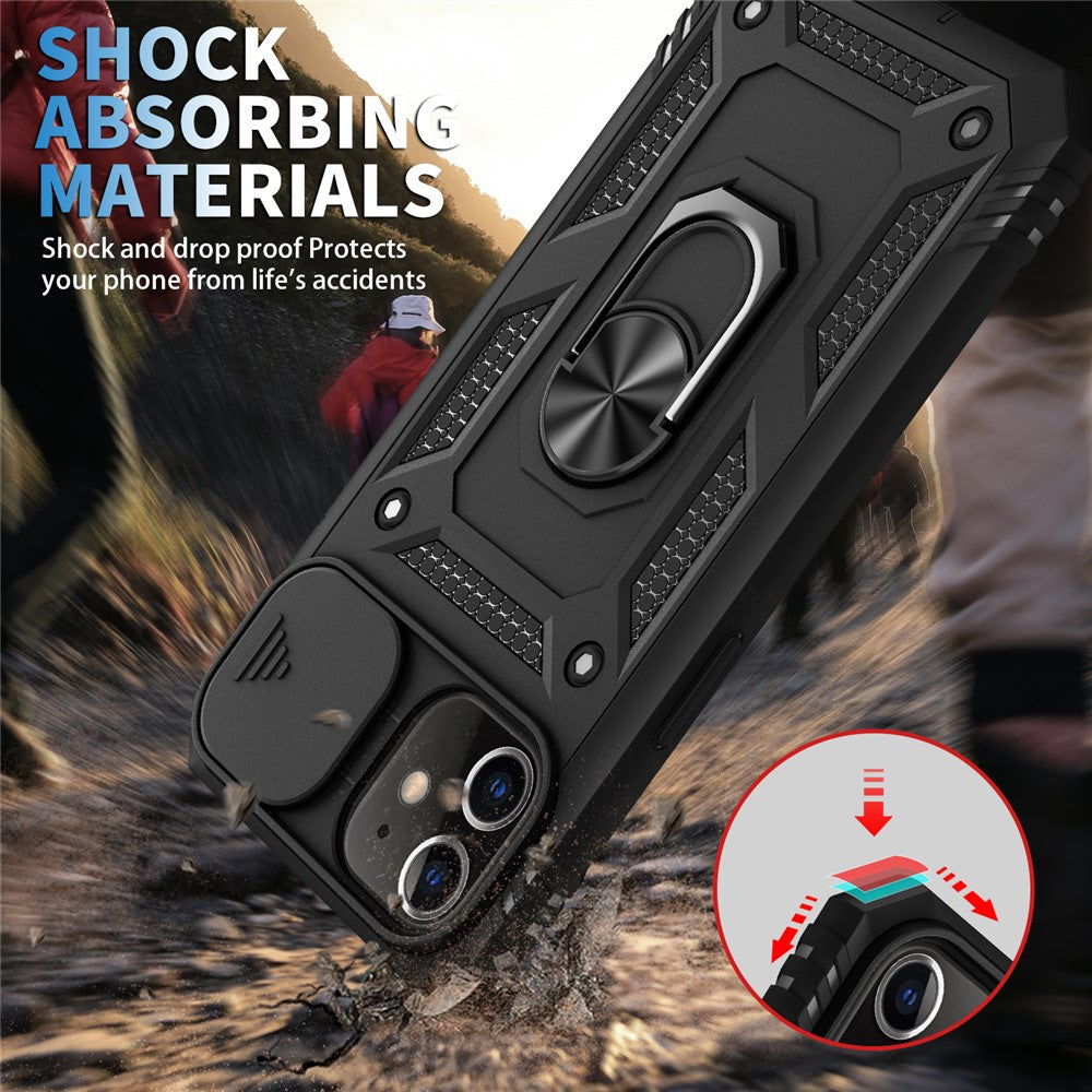 Ring Kickstand Hårdt PC-bagcover + Bløde TPU Stødabsorberende Kofangere Beskyttelsescover med Skydbart Kameralåg til iPhone 12 6.1 tommer