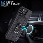 Ring Kickstand Hårdt PC-bagcover + Bløde TPU Stødabsorberende Kofangere Beskyttelsescover med Skydbart Kameralåg til iPhone 12 6.1 tommer