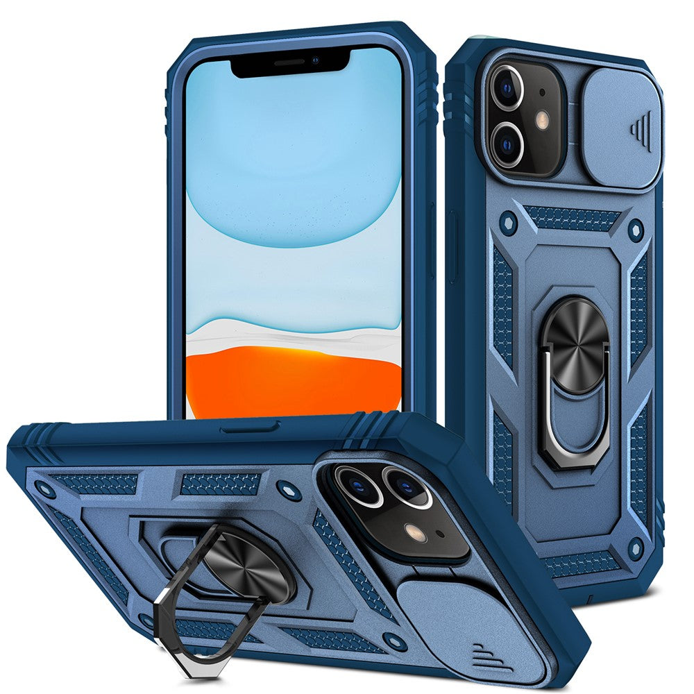Ring Kickstand Hårdt PC-bagcover + Bløde TPU Stødabsorberende Kofangere Beskyttelsescover med Skydbart Kameralåg til iPhone 12 6.1 tommer