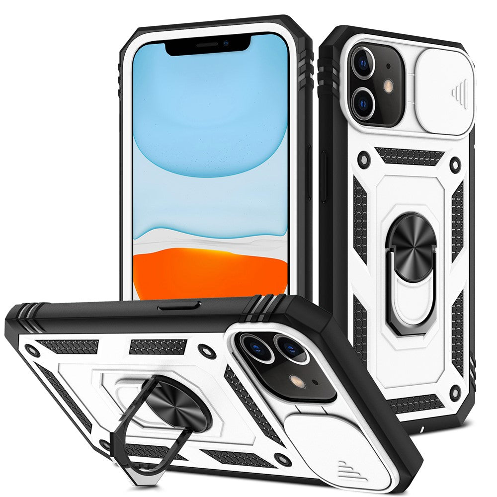 Ring Kickstand PC + TPU Impact-Resistant Bumpers Armor Protective Case with Slide Camera Lens Protection for iPhone 11 6.1 inch