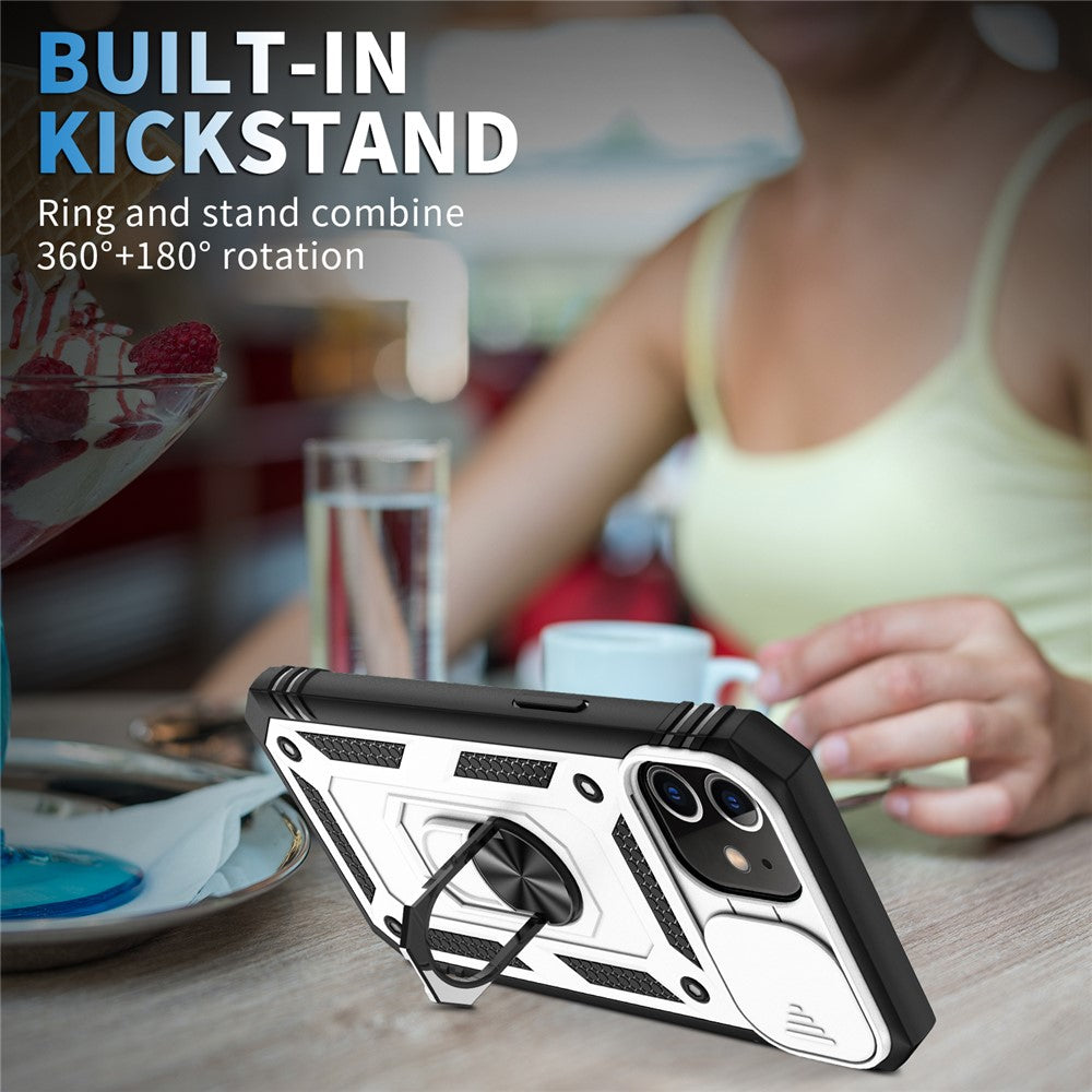 Ring Kickstand PC + TPU Impact-Resistant Bumpers Armor Protective Case with Slide Camera Lens Protection for iPhone 11 6.1 inch