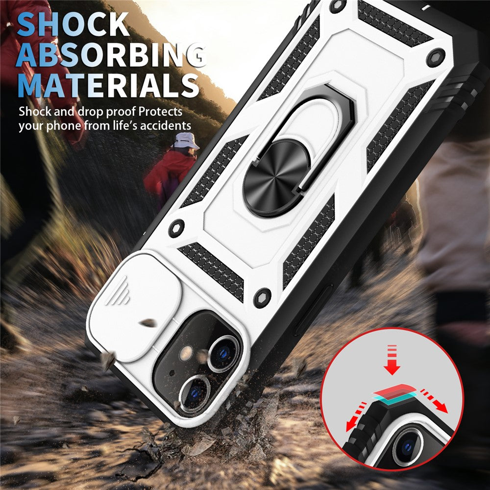 Ring Kickstand PC + TPU Impact-Resistant Bumpers Armor Protective Case with Slide Camera Lens Protection for iPhone 11 6.1 inch