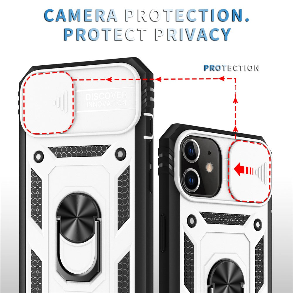 Ring Kickstand PC + TPU Impact-Resistant Bumpers Armor Protective Case with Slide Camera Lens Protection for iPhone 11 6.1 inch