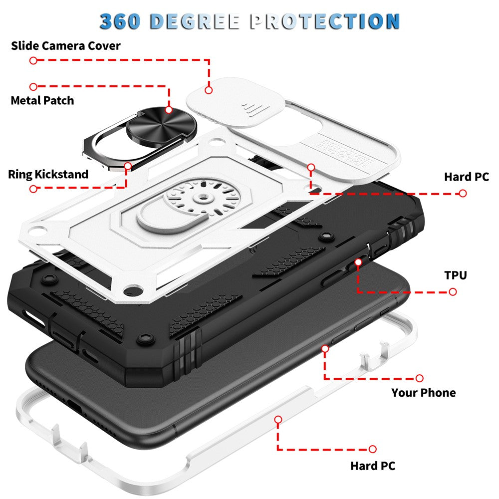 Ring Kickstand PC + TPU Impact-Resistant Bumpers Armor Protective Case with Slide Camera Lens Protection for iPhone 11 6.1 inch