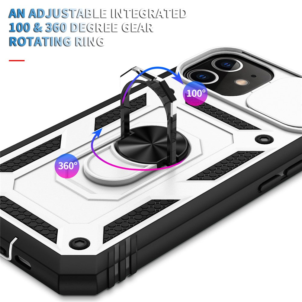 Ring Kickstand PC + TPU Impact-Resistant Bumpers Armor Protective Case with Slide Camera Lens Protection for iPhone 11 6.1 inch