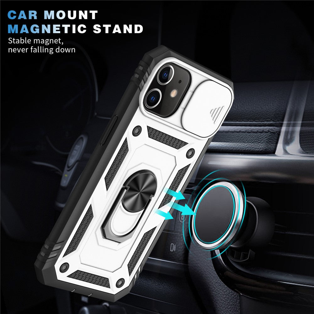 Ring Kickstand PC + TPU Impact-Resistant Bumpers Armor Protective Case with Slide Camera Lens Protection for iPhone 11 6.1 inch