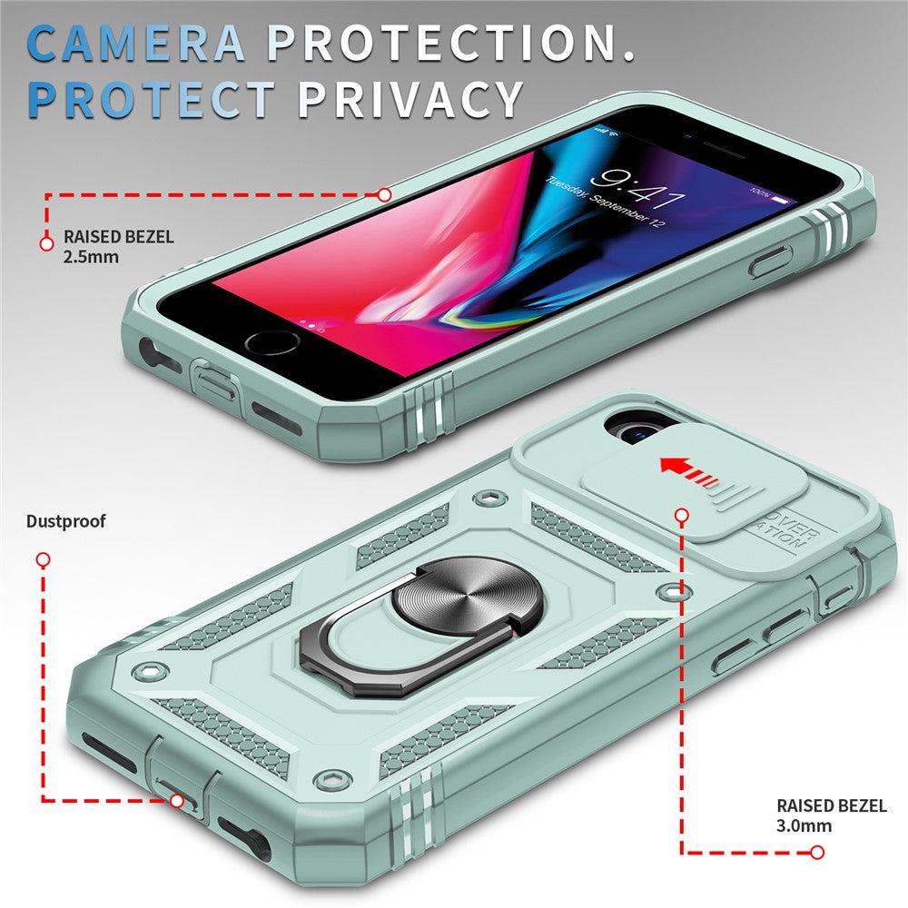 Ring Kickstand Hårdt PC-bagcover + Blødt TPU-kant Beskyttende Stødsikkert Etui med Kameracover til iPhone 6 / SE (2022)/SE (2020)/8/7