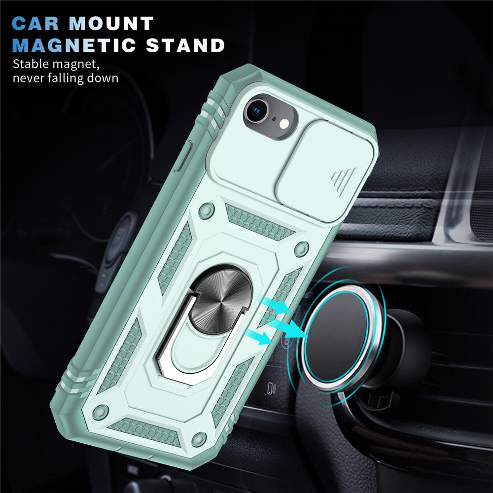 Ring Kickstand Hårdt PC-bagcover + Blødt TPU-kant Beskyttende Stødsikkert Etui med Kameracover til iPhone 6 / SE (2022)/SE (2020)/8/7
