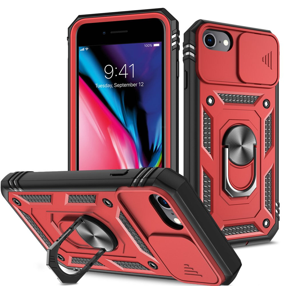 Ring Kickstand Hårdt PC-bagcover + Blødt TPU-kant Beskyttende Stødsikkert Etui med Kameracover til iPhone 6 / SE (2022)/SE (2020)/8/7