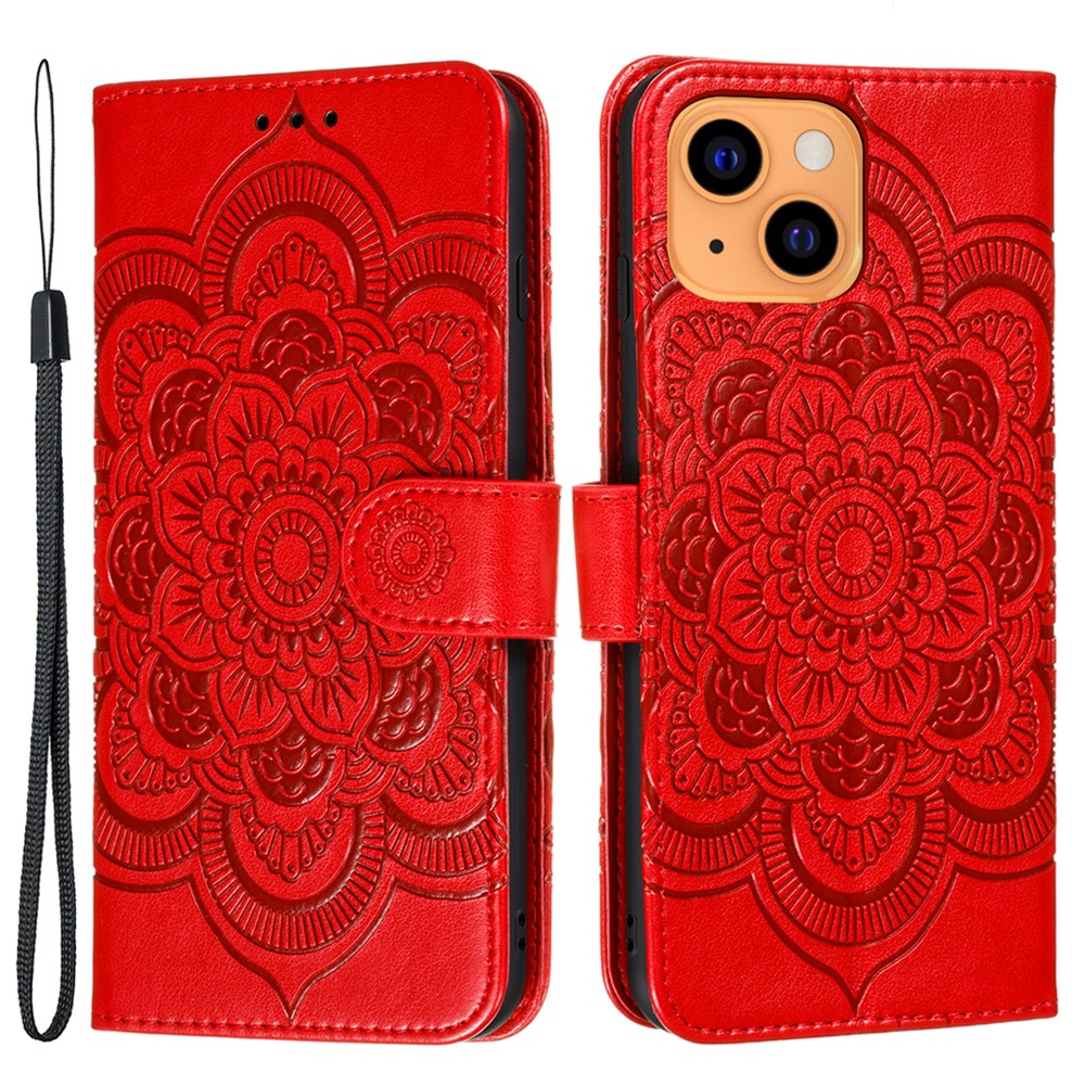 Imprinting Mandala Flower Scratch-resistant Leather Phone Cover Stand Wallet Protective Case for iPhone 13 mini 5.4 inch
