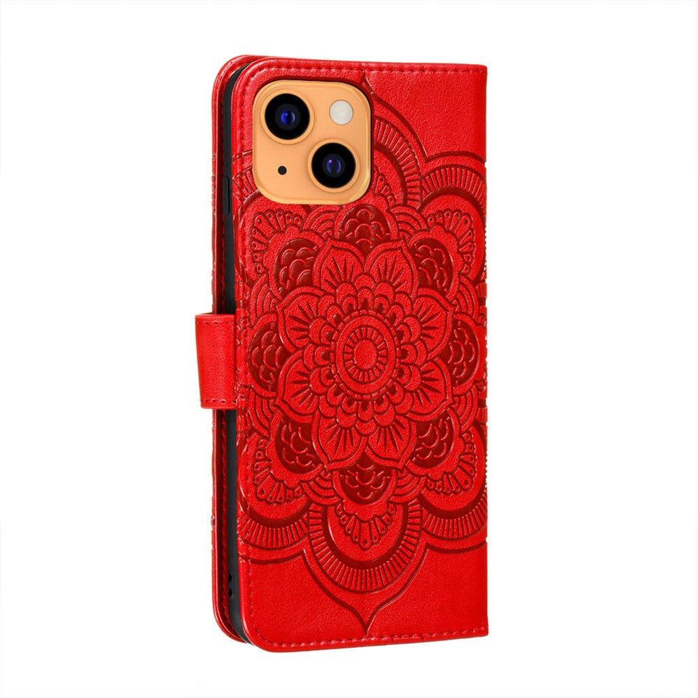 Imprinting Mandala Flower Scratch-resistant Leather Phone Cover Stand Wallet Protective Case for iPhone 13 mini 5.4 inch