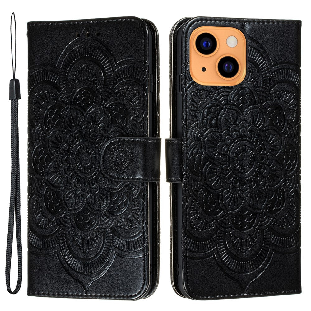 Imprinting Mandala Flower Scratch-resistant Leather Phone Cover Stand Wallet Protective Case for iPhone 13 mini 5.4 inch