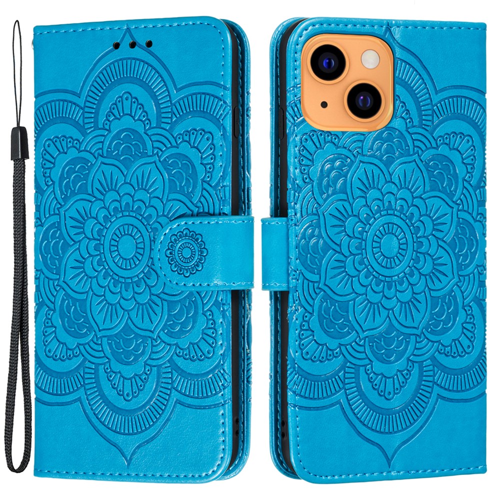 Imprinting Mandala Flower Scratch-resistant Leather Phone Cover Stand Wallet Protective Case for iPhone 13 mini 5.4 inch