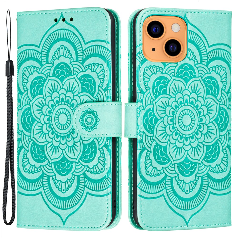 Imprinting Mandala Flower Scratch-resistant Leather Phone Cover Stand Wallet Protective Case for iPhone 13 mini 5.4 inch