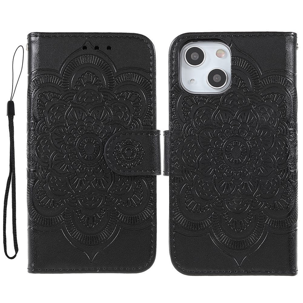 Prægning Mandala Blomst PU Læder Telefonstativ Cover Pung Etui med Rem til iPhone 14 / 13