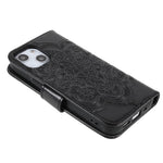 Imprinting Mandala Flower PU Leather Phone Stand Cover Wallet Case with Strap for iPhone 14 / 13
