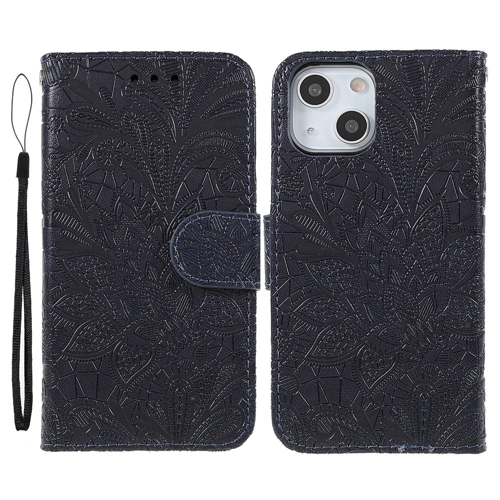 Spetsblommönster med tryck, foliofodral, mjukt PU-läder, plånboksfodral med magnetisk stängning och handledsrem för iPhone 13 mini 5,4 tum