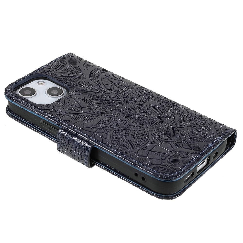 Spetsblommönster med tryck, foliofodral, mjukt PU-läder, plånboksfodral med magnetisk stängning och handledsrem för iPhone 13 mini 5,4 tum