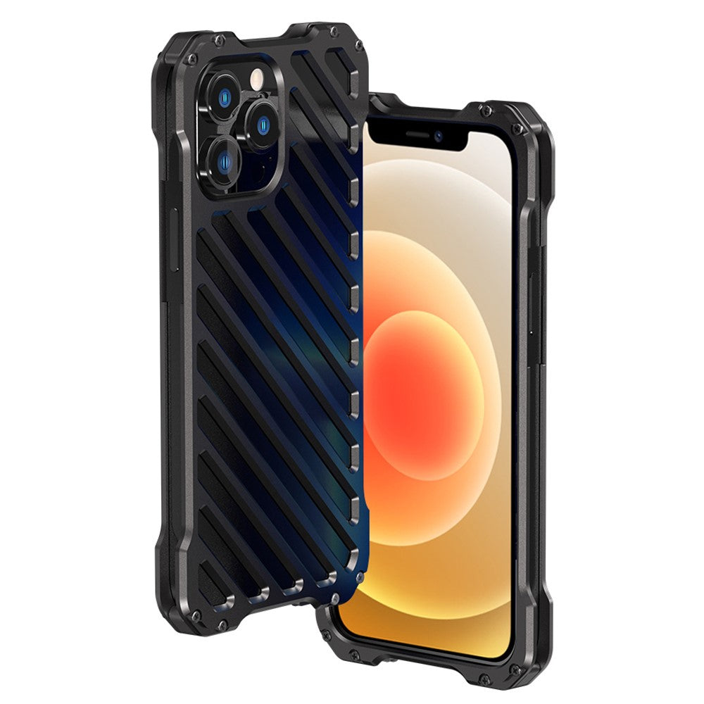 R-JUST RJ-50 Ridsefast Stilfuldt Aluminiumlegeringsmetalramme Hult Velbeskyttet Etui med Linsebeskytter til iPhone 12 Pro Max 6,7 tommer