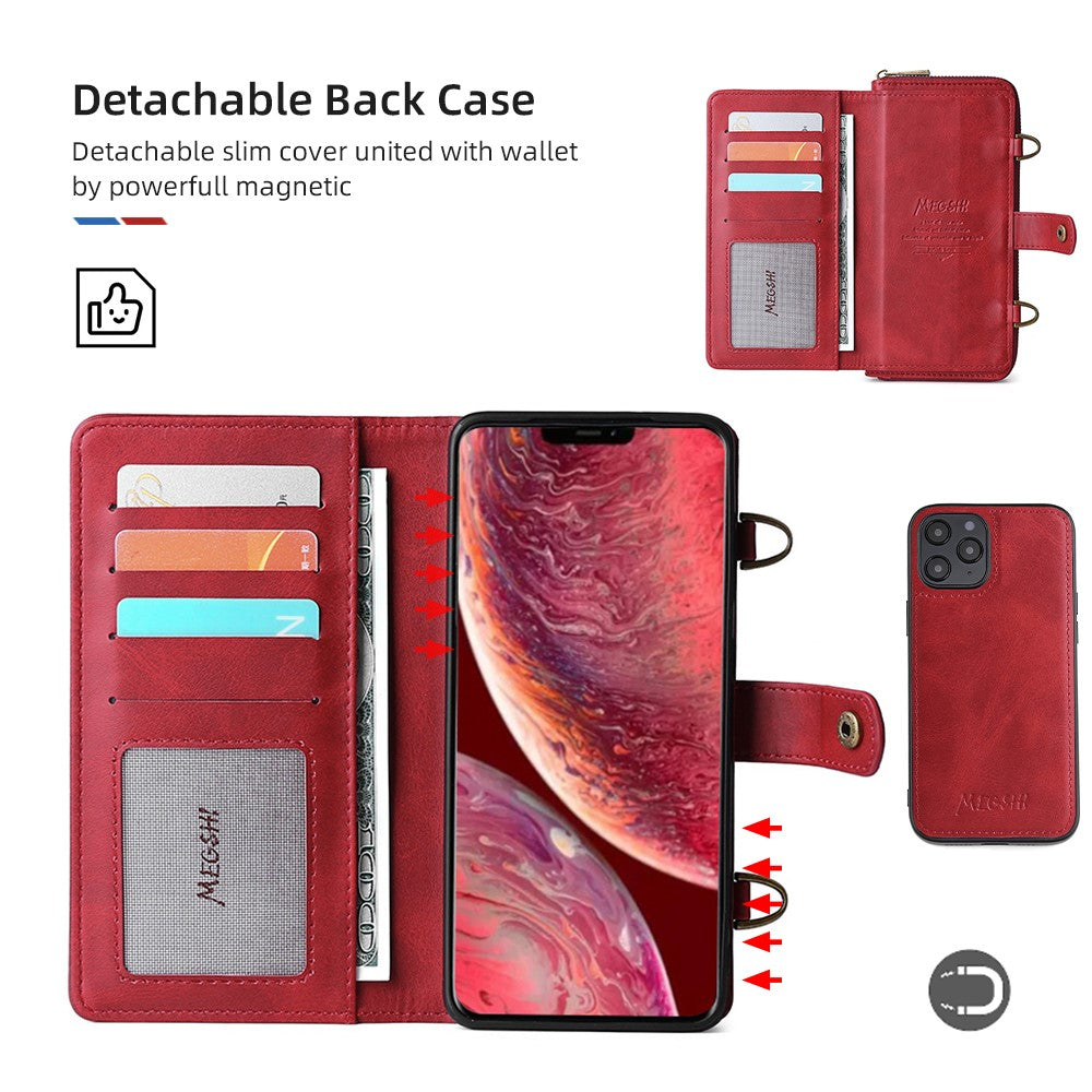 MEGSHI 020-serien multifunktionell magnetisk avtagbar axelväska stötsäker plånboksfodral i PU-läder och TPU för iPhone 12 Pro Max 6,7 tum