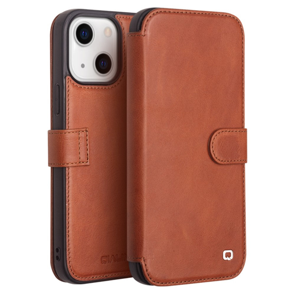 QIALINO Genuine Cowhide Leather Wallet Protective Phone Case Cover for iPhone 13 mini 5.4 inch