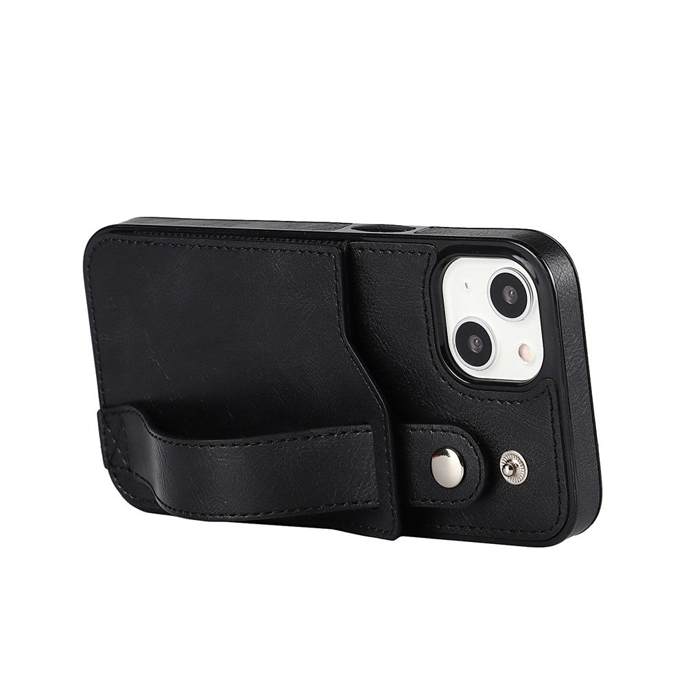 Hand Strap Kickstand Card Slot Design RFID Blocking Function PU Leather Coated TPU Phone Case for iPhone 13 mini 5.4 inch