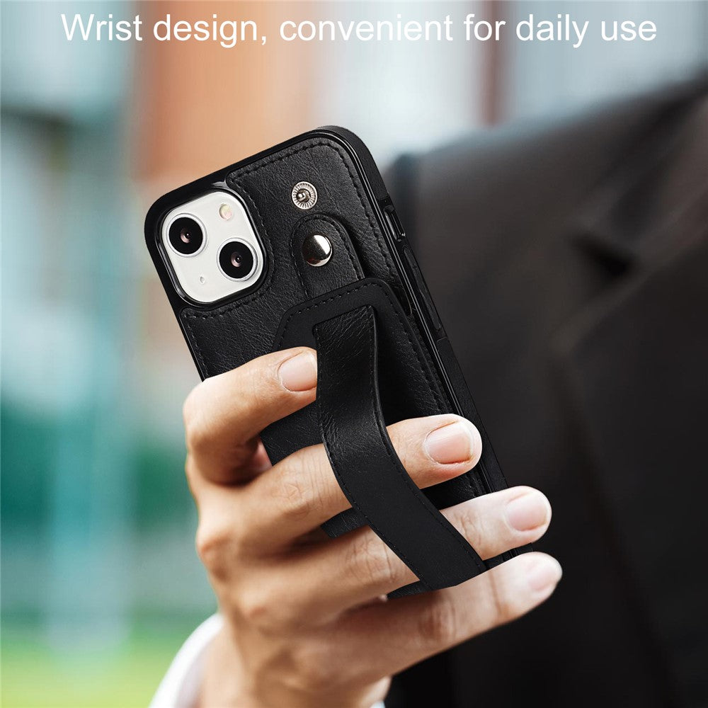 Hand Strap Kickstand Card Slot Design RFID Blocking Function PU Leather Coated TPU Phone Case for iPhone 13 mini 5.4 inch