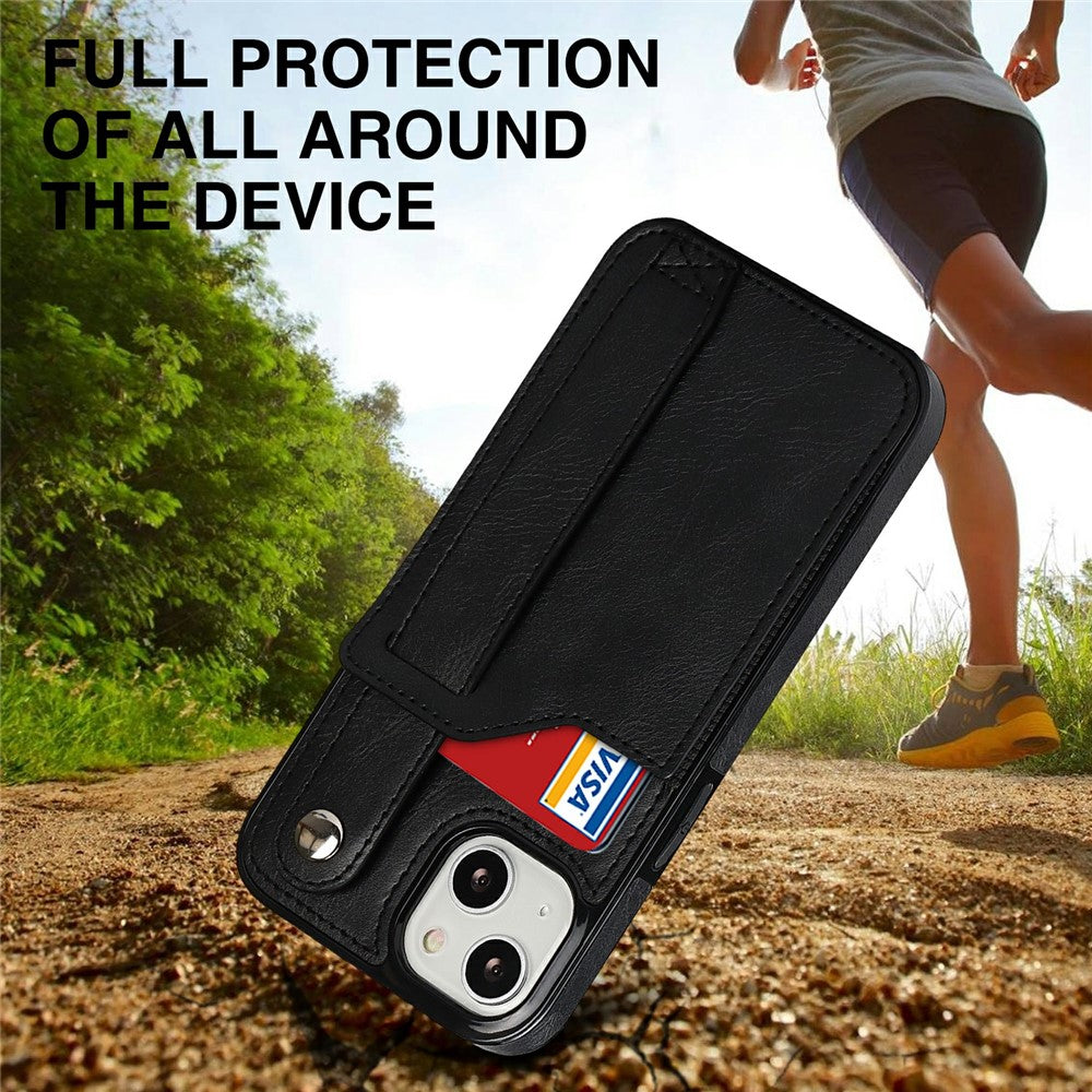 Hand Strap Kickstand Card Slot Design RFID Blocking Function PU Leather Coated TPU Phone Case for iPhone 13 mini 5.4 inch