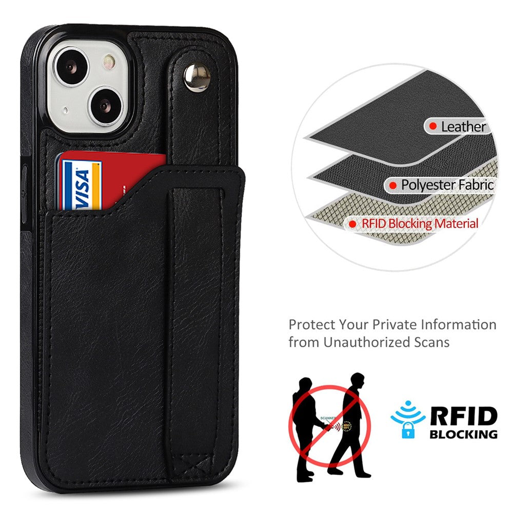 Hand Strap Kickstand Card Slot Design RFID Blocking Function PU Leather Coated TPU Phone Case for iPhone 13 mini 5.4 inch