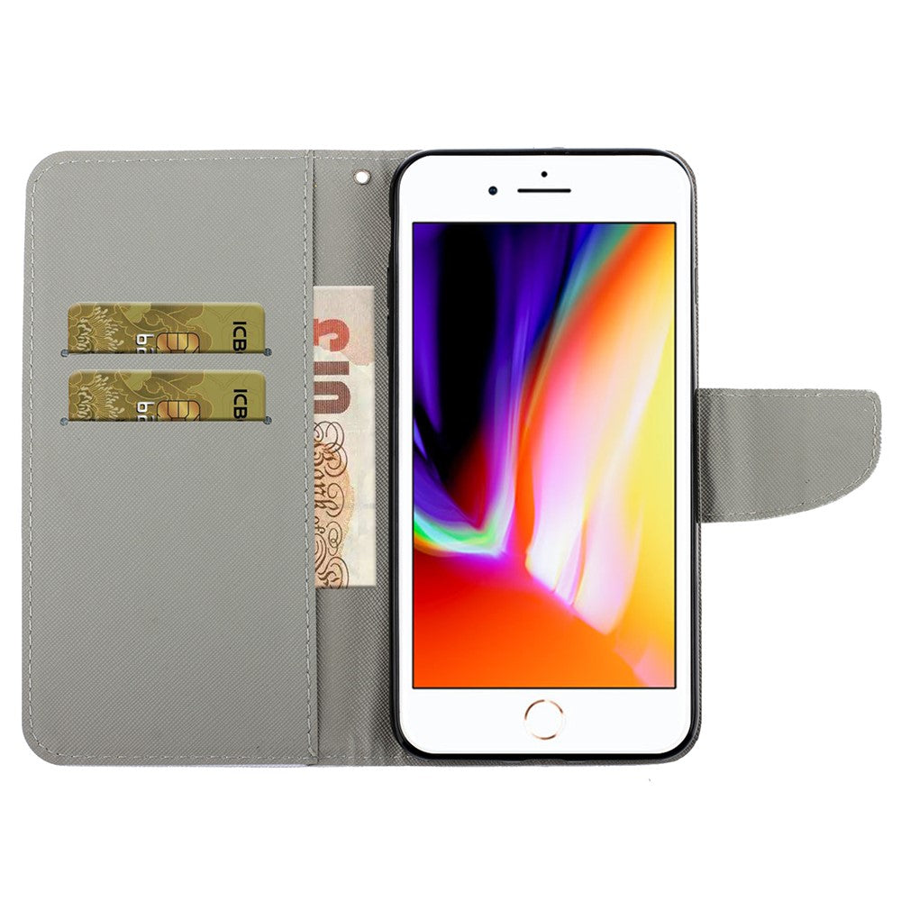 Stylish Pattern Printing PU Leather Wallet Case Magnetic Flip Stand Folio Cover with Strap for iPhone SE (2022)/SE (2020)/8/7