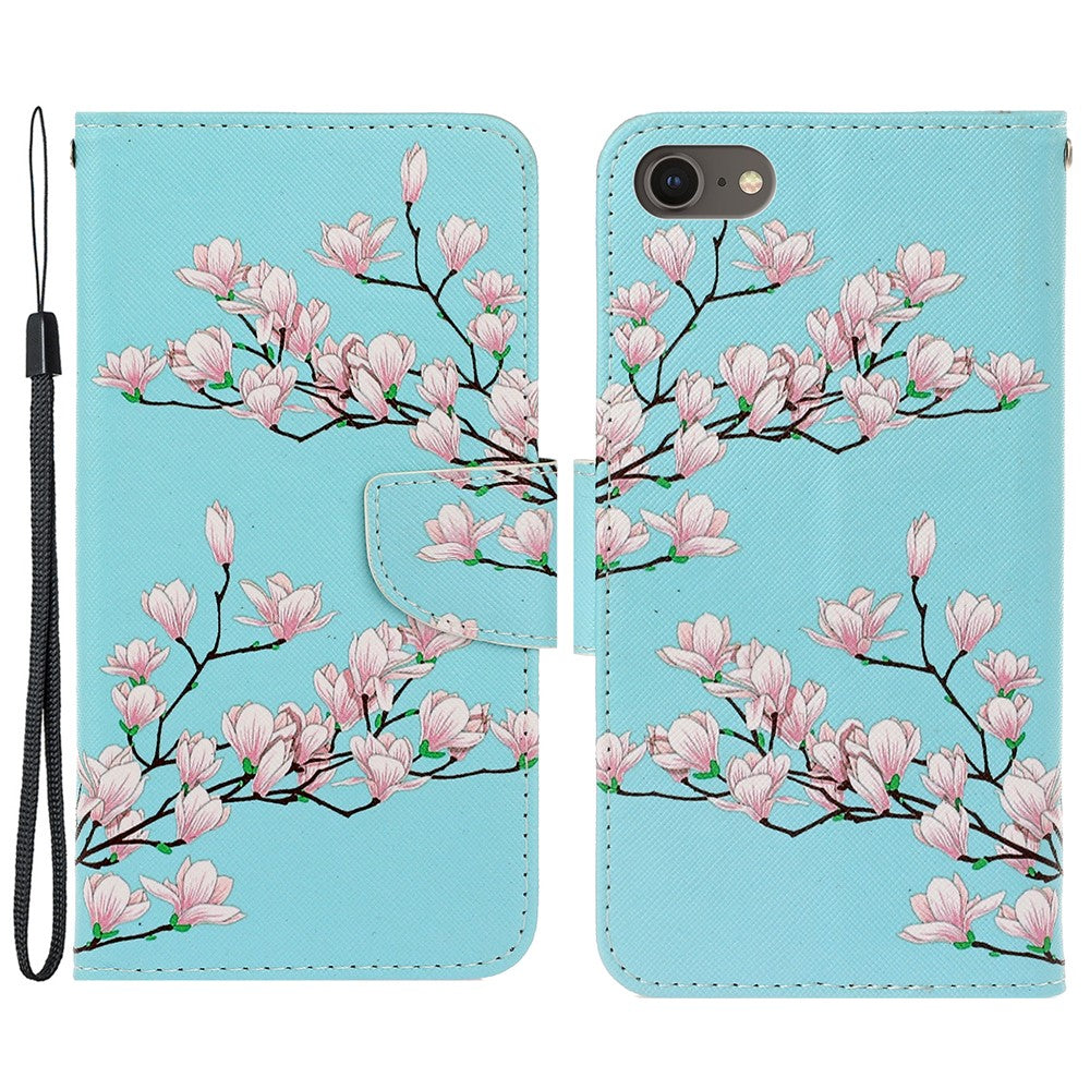 Stylish Pattern Printing PU Leather Wallet Case Magnetic Flip Stand Folio Cover with Strap for iPhone SE (2022)/SE (2020)/8/7