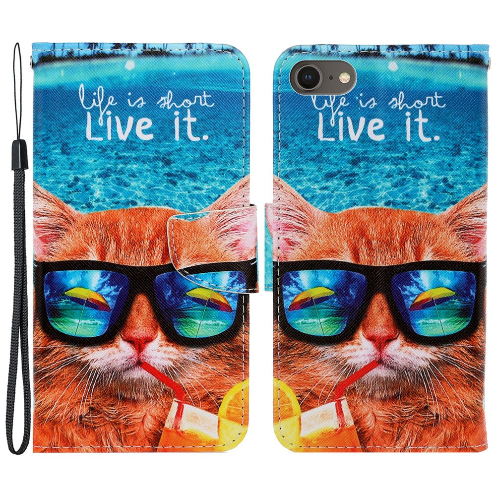 Stylish Pattern Printing PU Leather Wallet Case Magnetic Flip Stand Folio Cover with Strap for iPhone SE (2022)/SE (2020)/8/7
