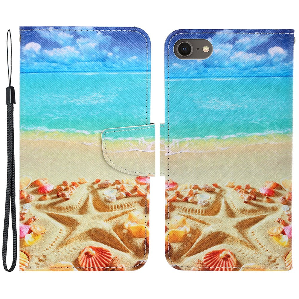Stylish Pattern Printing PU Leather Wallet Case Magnetic Flip Stand Folio Cover with Strap for iPhone SE (2022)/SE (2020)/8/7