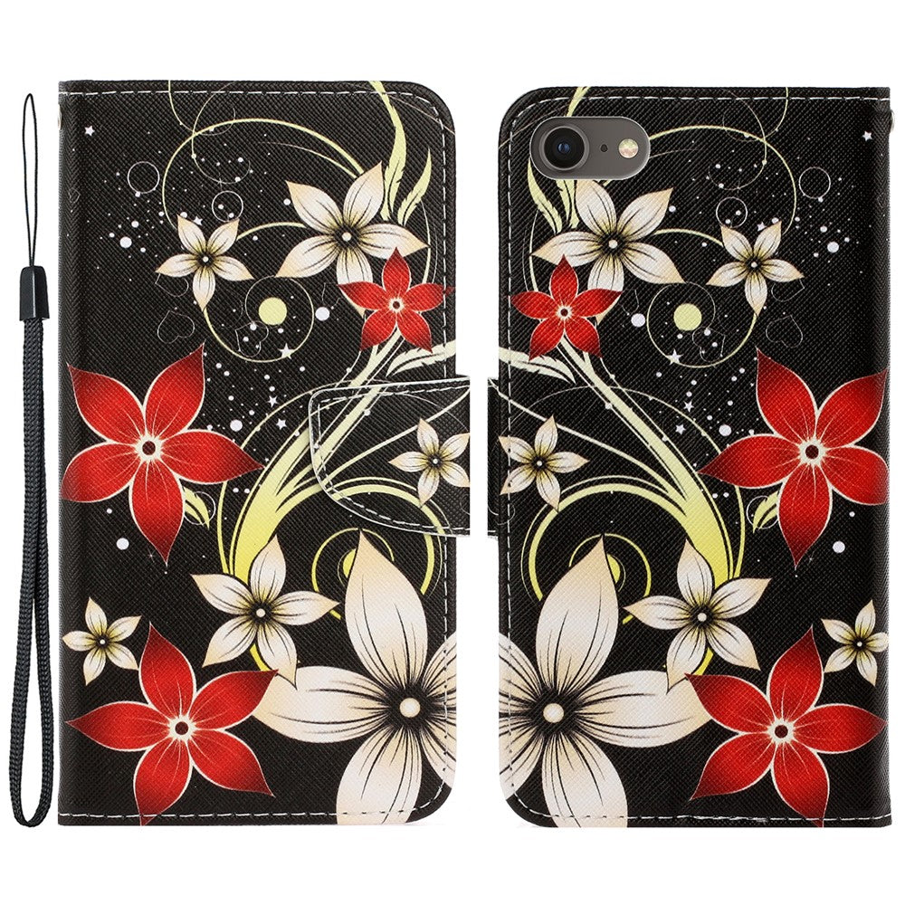 Stylish Pattern Printing PU Leather Wallet Case Magnetic Flip Stand Folio Cover with Strap for iPhone SE (2022)/SE (2020)/8/7