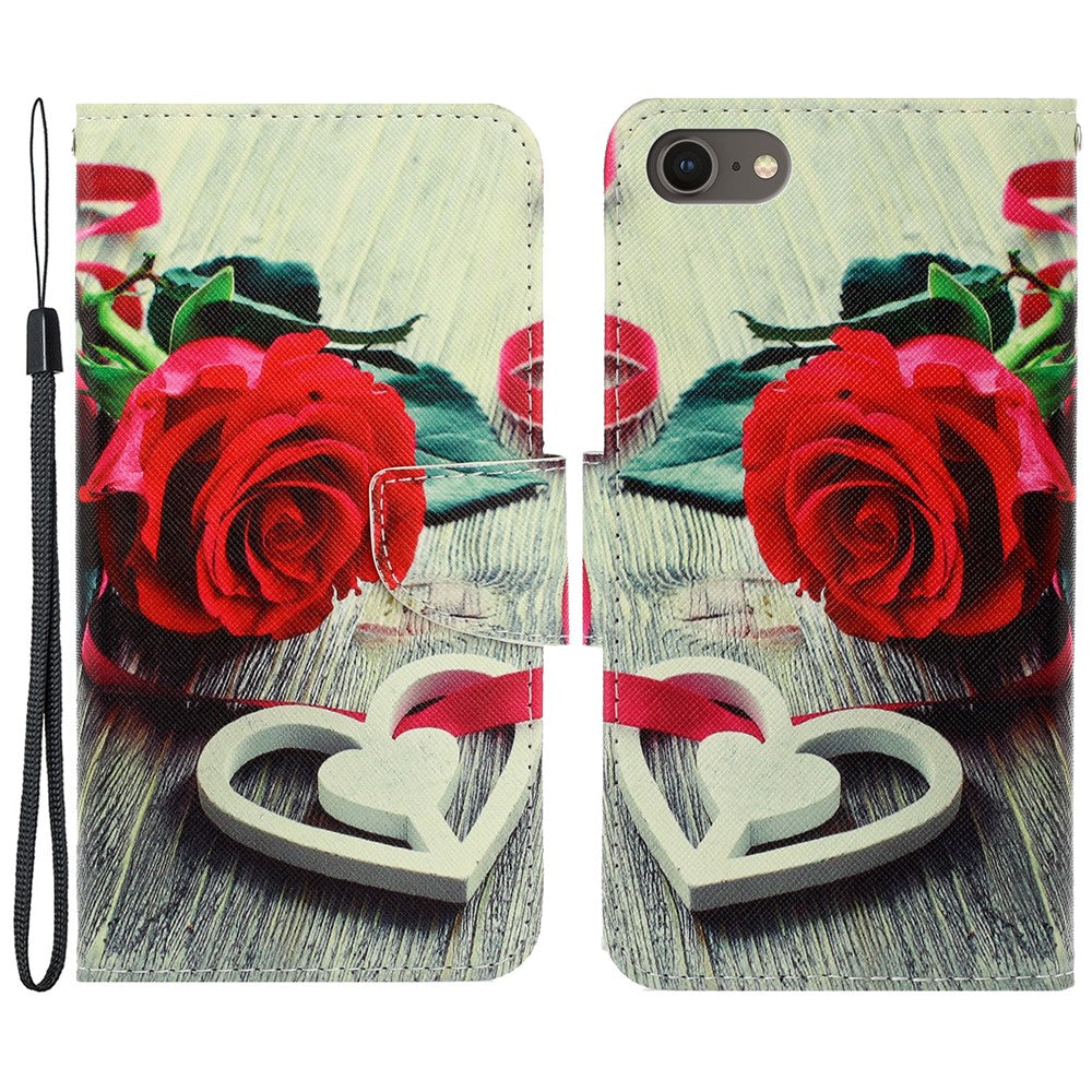 Stylish Pattern Printing PU Leather Wallet Case Magnetic Flip Stand Folio Cover with Strap for iPhone SE (2022)/SE (2020)/8/7