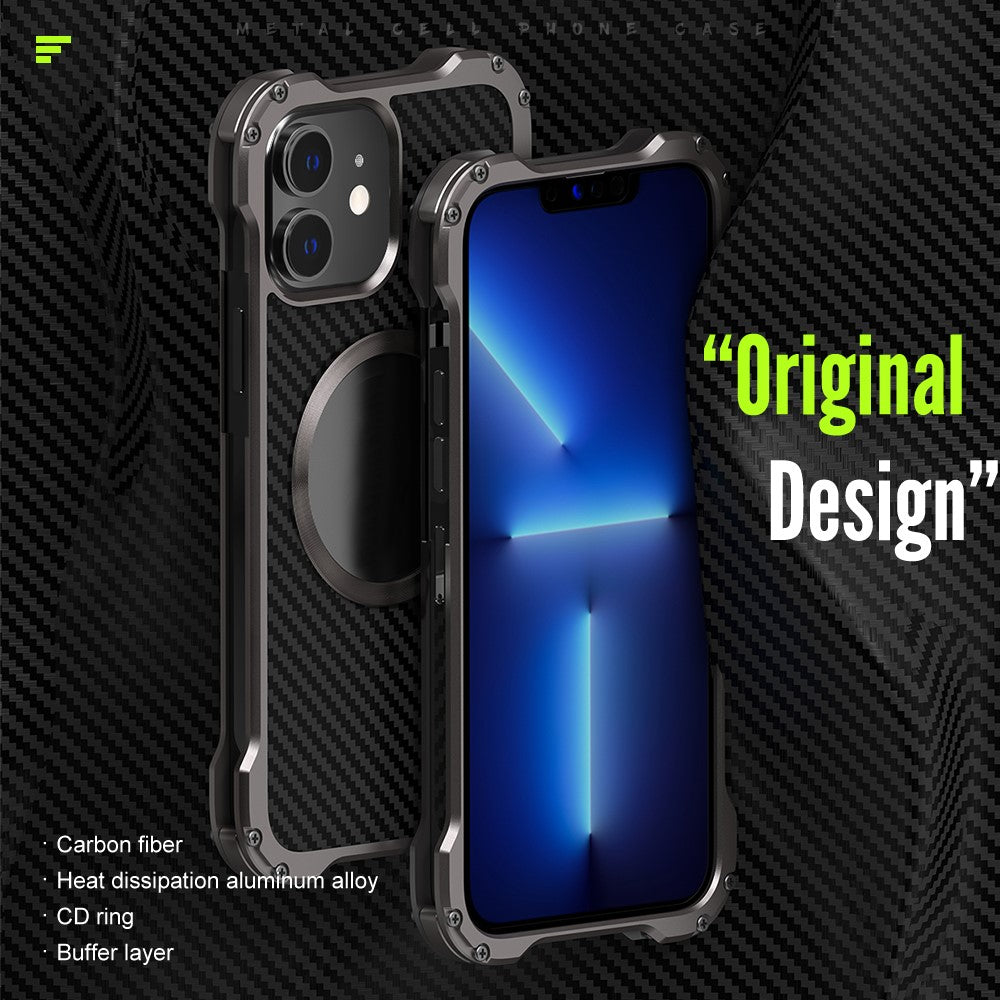 R-JUST RJ-51 Back Hollow Heat Dissipation Carbon Fiber PC + Aluminum Alloy Phone Case Support Wireless Charging for iPhone 12 Pro 6.1 inch