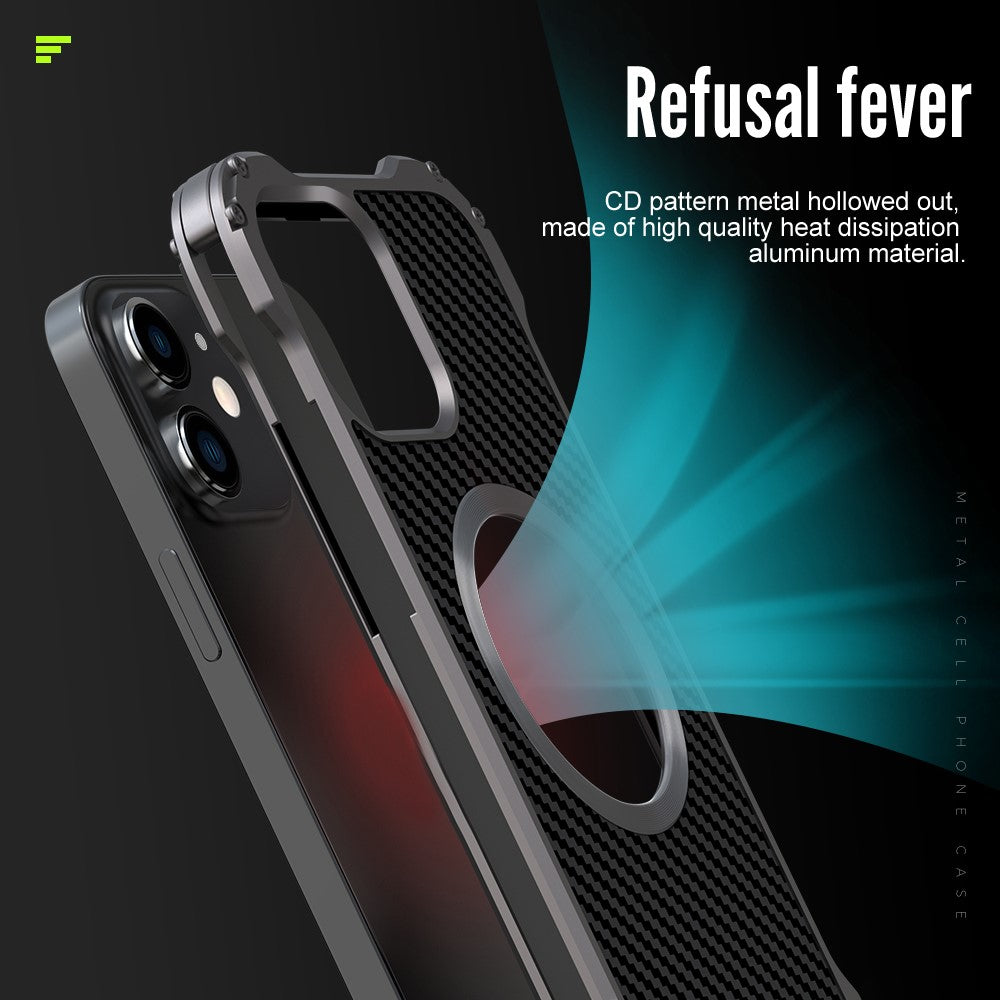 R-JUST RJ-51 Back Hollow Heat Dissipation Carbon Fiber PC + Aluminum Alloy Phone Case Support Wireless Charging for iPhone 12 Pro 6.1 inch