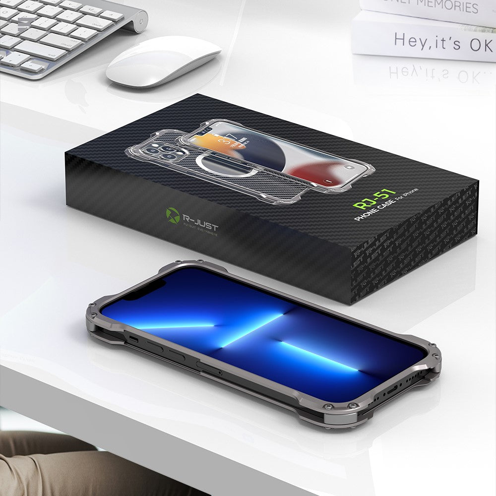 R-JUST RJ-51 Back Hollow Heat Dissipation Carbon Fiber PC + Aluminum Alloy Phone Case Support Wireless Charging for iPhone 12 Pro 6.1 inch