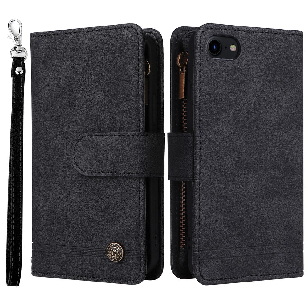 Skin-touch Stribet Præget Læder Cover Med Kortpladser Flip Wallet Stand Beskyttelsesetui med Lynlåslomme til iPhone SE (2022)/SE (2020)/8/7