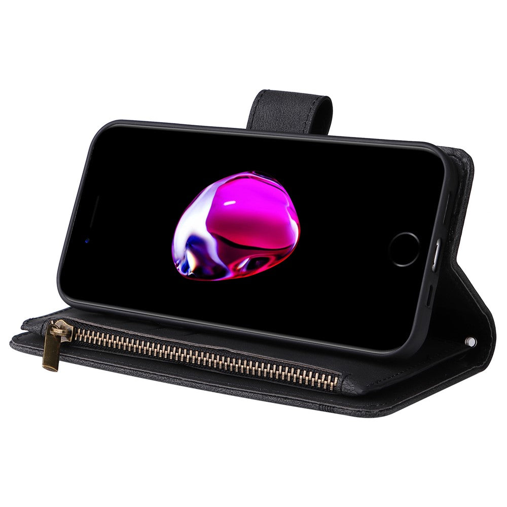 Skin-touch Stribet Præget Læder Cover Med Kortpladser Flip Wallet Stand Beskyttelsesetui med Lynlåslomme til iPhone SE (2022)/SE (2020)/8/7
