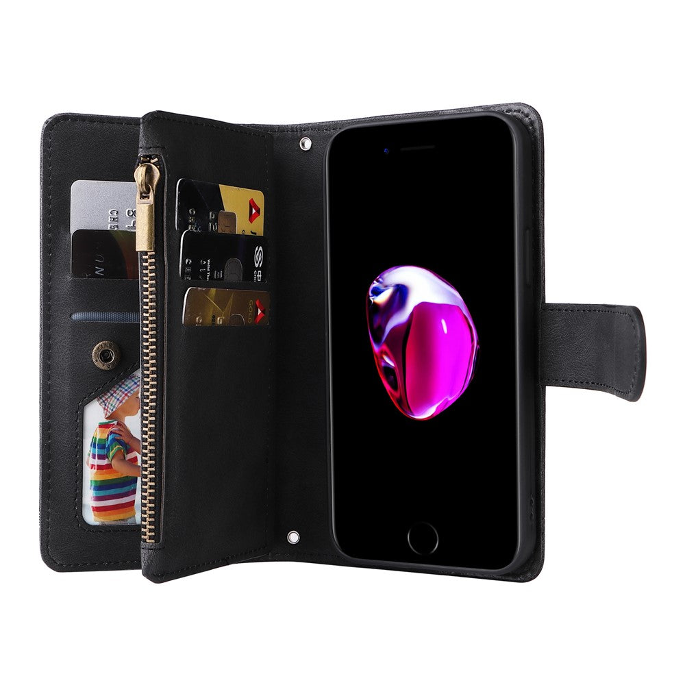 Skin-touch Stribet Præget Læder Cover Med Kortpladser Flip Wallet Stand Beskyttelsesetui med Lynlåslomme til iPhone SE (2022)/SE (2020)/8/7