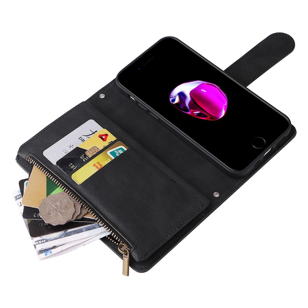 Skin-touch Stribet Præget Læder Cover Med Kortpladser Flip Wallet Stand Beskyttelsesetui med Lynlåslomme til iPhone SE (2022)/SE (2020)/8/7